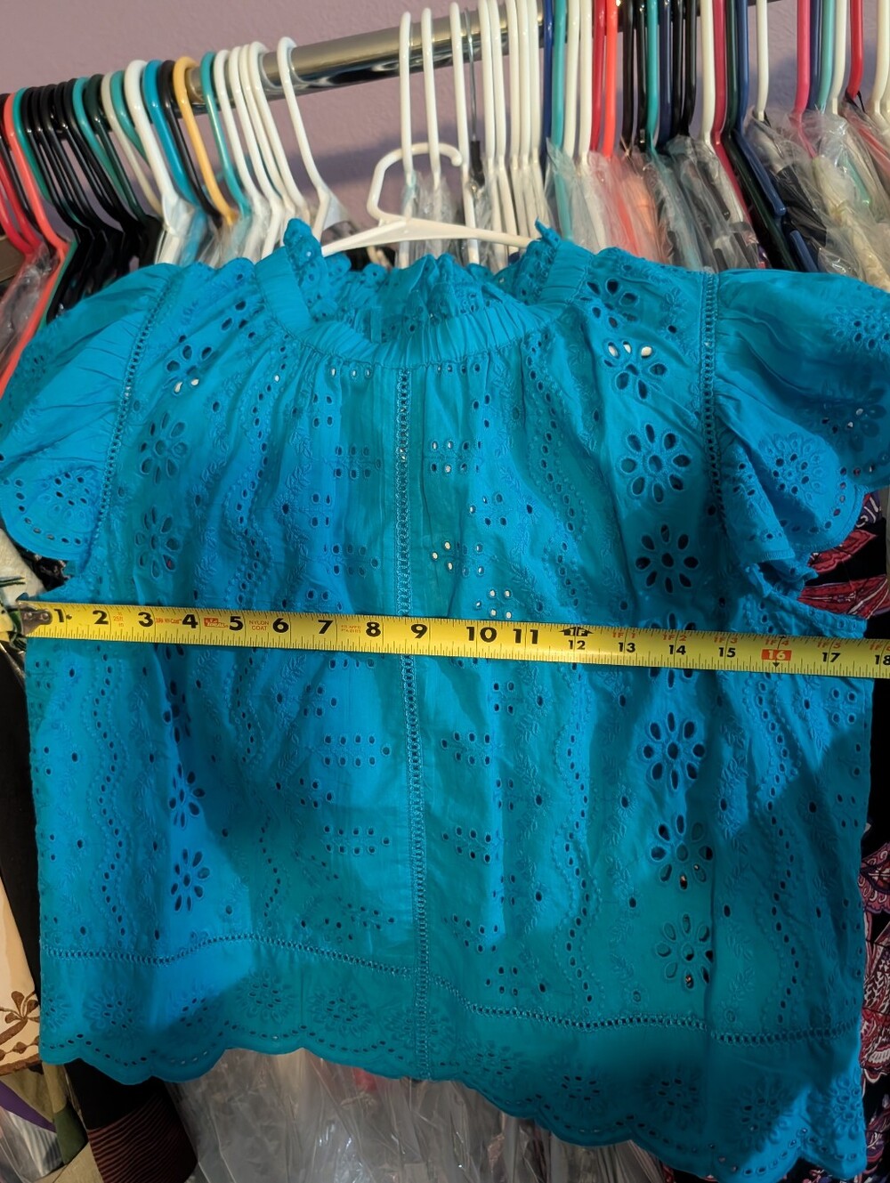 NWT S Jennifer & Grace Bluish Turquoise Eyelet Flutter Sleeve Top JJGB09 - Picture 6 of 8